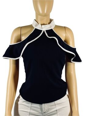 SHEIN Black Cold-Shoulder Ruffle Trim Halter Top with White Piping